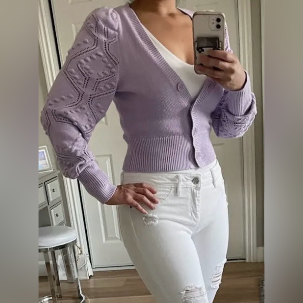 Express Cardigan Sweater Cotton V-Neck popcorn long sleeves in lavender Size XS